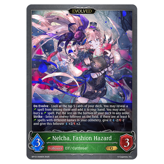 Nelcha, Fashion Hazard BP13-006EN card from the Shadowverse: Evolve set Worldreaver's Descent & Dominion of Darkness