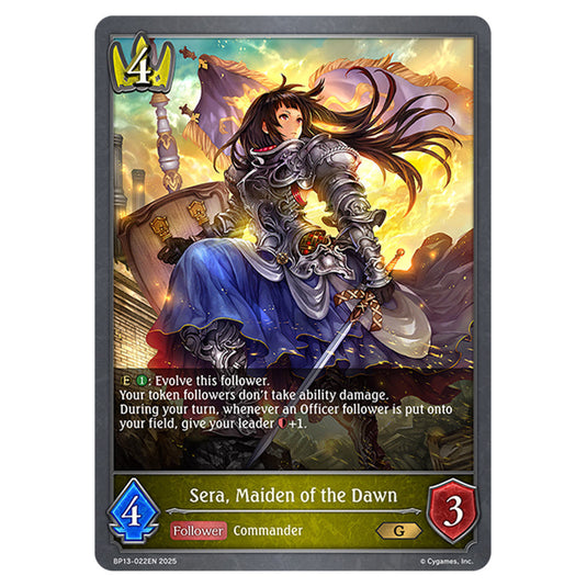 Sera, Maiden of the Dawn BP13-022EN card from the Shadowverse: Evolve set Worldreaver's Descent & Dominion of Darkness