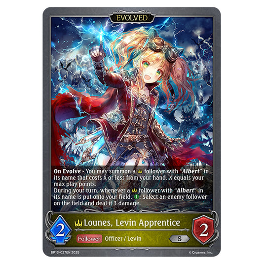 Lounes, Levin Apprentice BP13-027EN card from the Shadowverse: Evolve set Worldreaver's Descent & Dominion of Darkness