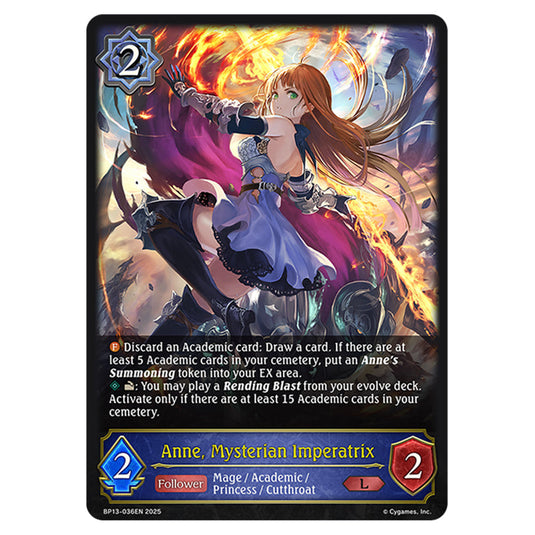 Anne, Mysterian Imperatrix BP13-036EN card from the Shadowverse: Evolve set Worldreaver's Descent & Dominion of Darkness