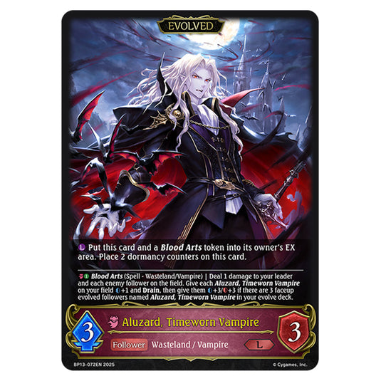 Aluzard, Timeworn Vampire BP13-072EN card from the Shadowverse: Evolve set Worldreaver's Descent & Dominion of Darkness