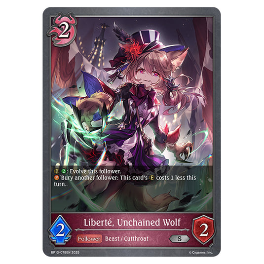 Liberté, Unchained Wolf BP13-078EN card from the Shadowverse: Evolve set Worldreaver's Descent & Dominion of Darkness