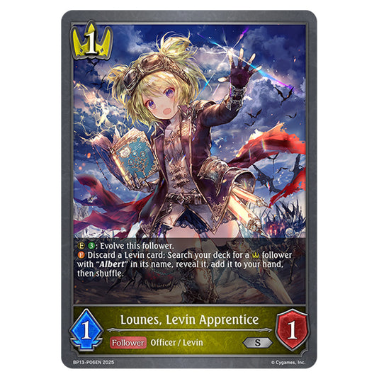 Lounes, Levin Apprentice BP13-P06EN card from the Shadowverse: Evolve set Worldreaver's Descent & Dominion of Darkness