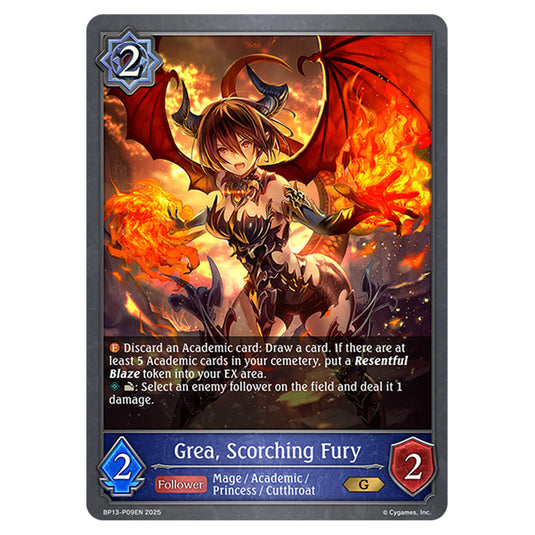 Grea, Scorching Fury BP13-P09EN card from the Shadowverse: Evolve set Worldreaver's Descent & Dominion of Darkness