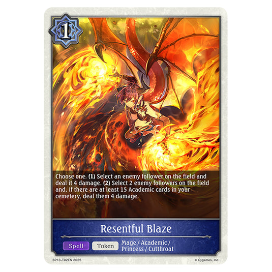 Resentful Blaze BP13-T02EN card from the Shadowverse: Evolve set Worldreaver's Descent & Dominion of Darkness