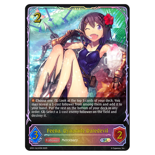 Feena, Dynamite Daredevil SP01-SL51EN card from the Shadowverse: Evolve set Seaside Memories