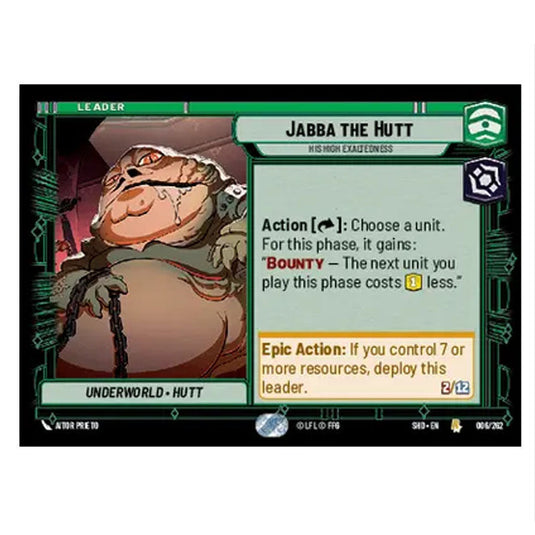 Jabba the Hutt 6/262 card from the Star Wars Unlimited set Shadows of the Galaxy