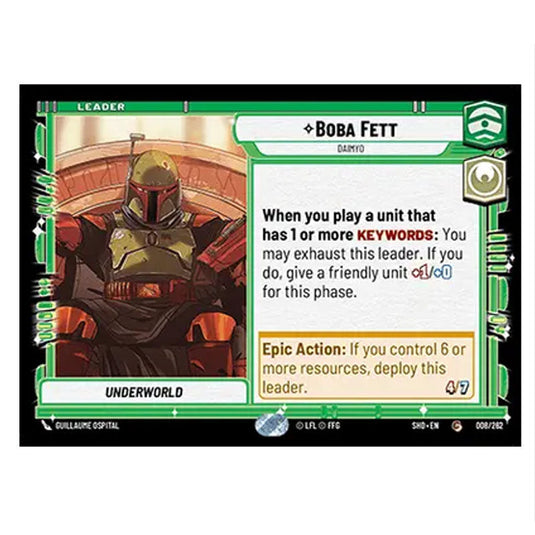 Boba Fett 8/262 card from the Star Wars Unlimited set Shadows of the Galaxy