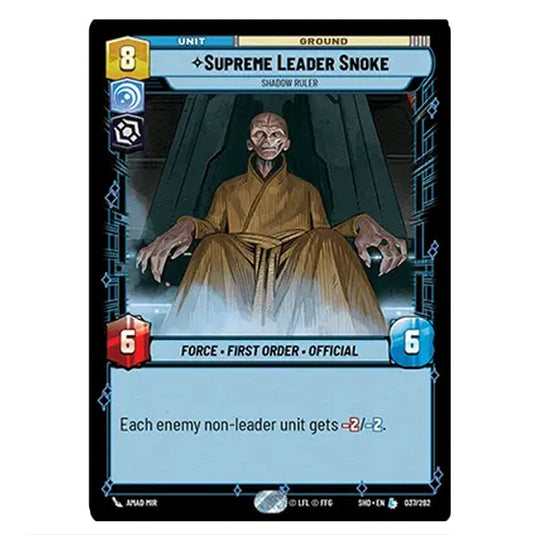 Supreme Leader Snoke 37/262 card from the Star Wars Unlimited set Shadows of the Galaxy