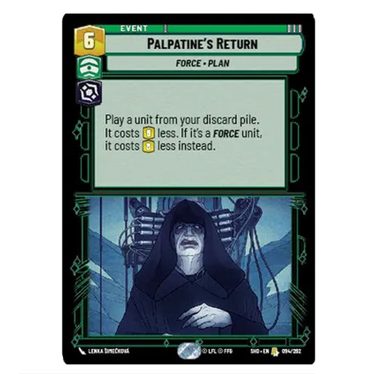 Palpatine’s Return 94/262 card from the Star Wars Unlimited set Shadows of the Galaxy