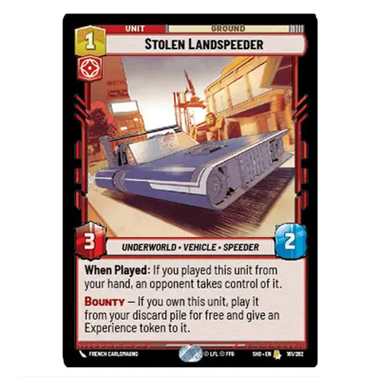 Stolen Landspeeder 161/262 card from the Star Wars Unlimited set Shadows of the Galaxy