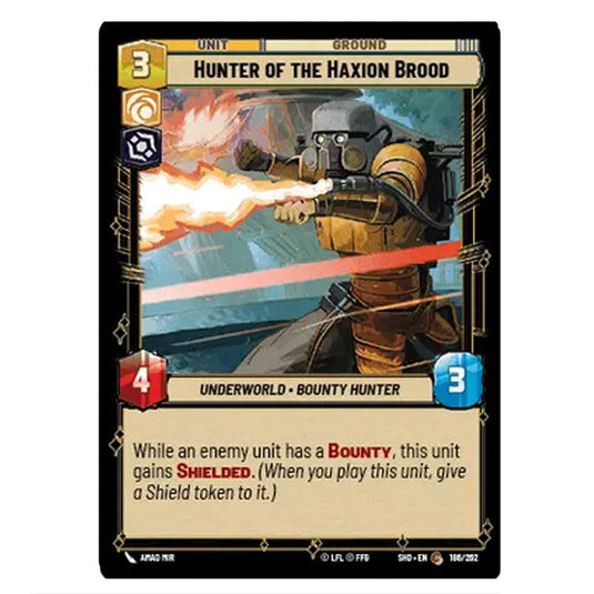 Hunter of the Haxion Brood 186/262 card from the Star Wars Unlimited set Shadows of the Galaxy