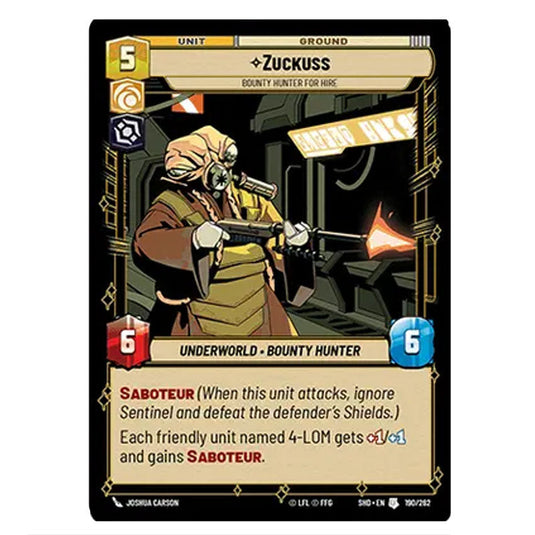 Zuckuss 190/262 card from the Star Wars Unlimited set Shadows of the Galaxy