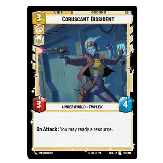 Coruscant Dissident 199/262 card from the Star Wars Unlimited set Shadows of the Galaxy