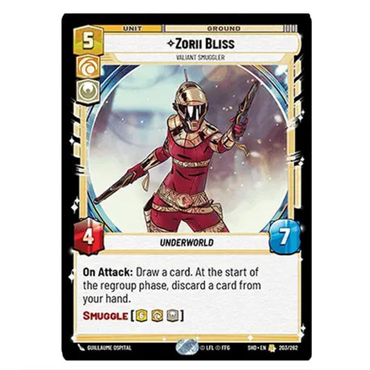 Zorii Bliss 203/262 card from the Star Wars Unlimited set Shadows of the Galaxy