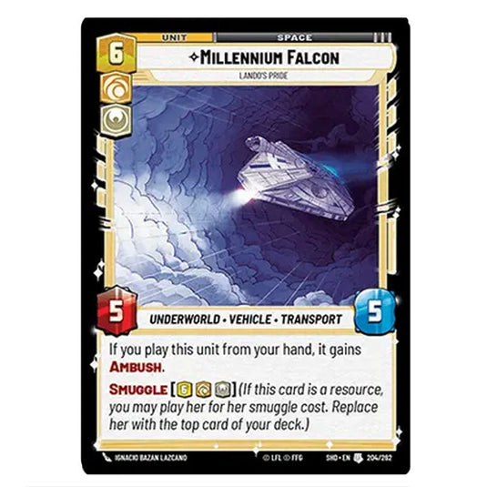 Millennium Falcon 204/262 card from the Star Wars Unlimited set Shadows of the Galaxy