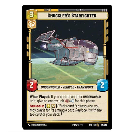 Smuggler’s Starfighter 215/262 card from the Star Wars Unlimited set Shadows of the Galaxy