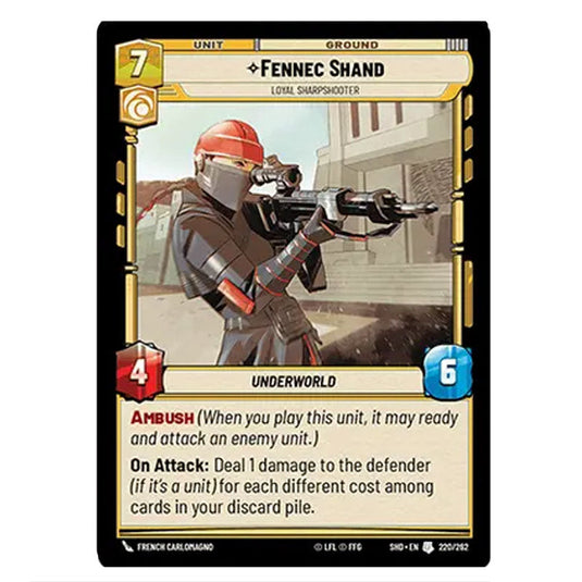 Fennec Shand 220/262 card from the Star Wars Unlimited set Shadows of the Galaxy