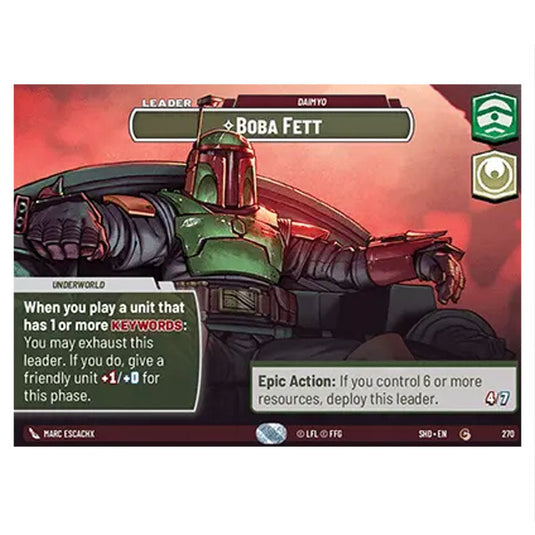 Boba Fett 270 card from the Star Wars Unlimited set Shadows of the Galaxy