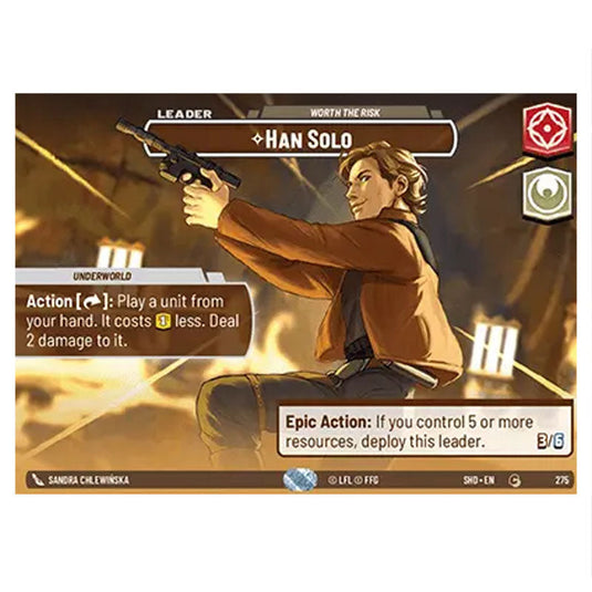 Han Solo 275 card from the Star Wars Unlimited set Shadows of the Galaxy