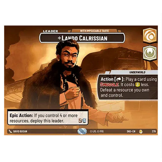 Lando Calrissian 279 card from the Star Wars Unlimited set Shadows of the Galaxy