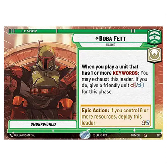 Boba Fett 287 card from the Star Wars Unlimited set Shadows of the Galaxy