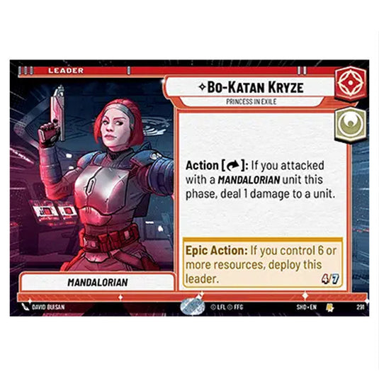 Bo-Katan Kryze 291 card from the Star Wars Unlimited set Shadows of the Galaxy