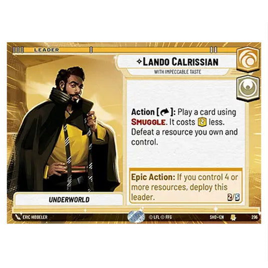 Lando Calrissian 296 card from the Star Wars Unlimited set Shadows of the Galaxy