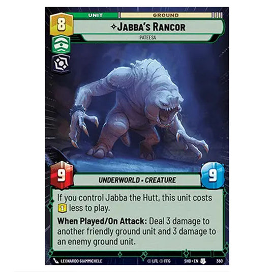 Jabba’s Rancor 360 card from the Star Wars Unlimited set Shadows of the Galaxy