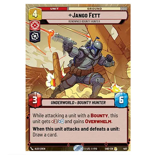 Jango Fett 407 card from the Star Wars Unlimited set Shadows of the Galaxy