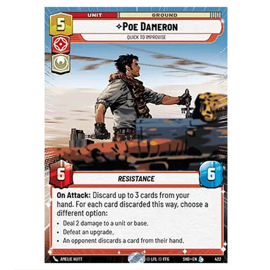 Poe Dameron 422 card from the Star Wars Unlimited set Shadows of the Galaxy