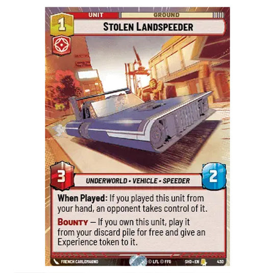 Stolen Landspeeder 430 card from the Star Wars Unlimited set Shadows of the Galaxy