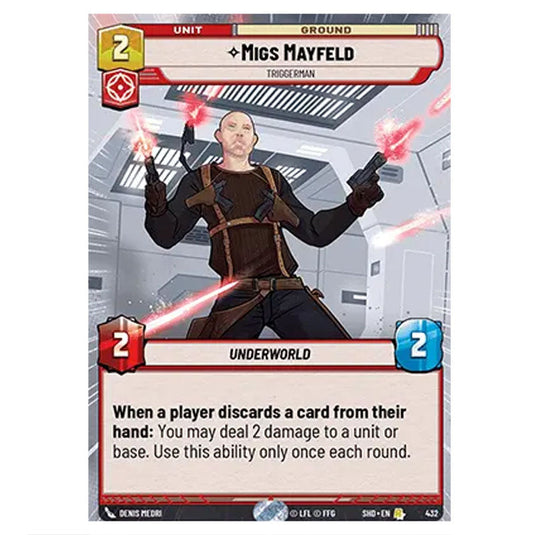 Migs Mayfeld 432 card from the Star Wars Unlimited set Shadows of the Galaxy