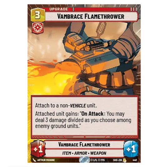 Vambrace Flamethrower 446 card from the Star Wars Unlimited set Shadows of the Galaxy