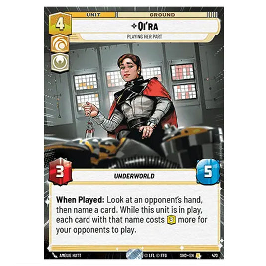 Qi’ra 470 card from the Star Wars Unlimited set Shadows of the Galaxy