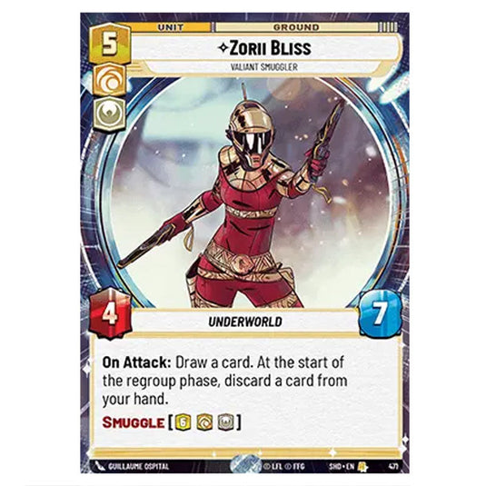 Zorii Bliss 471 card from the Star Wars Unlimited set Shadows of the Galaxy