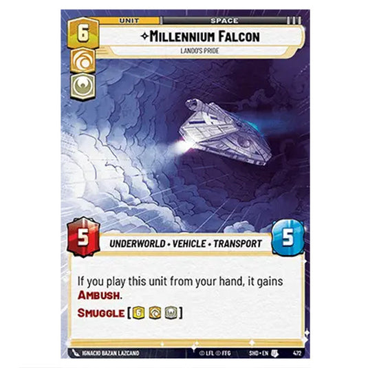 Millennium Falcon 472 card from the Star Wars Unlimited set Shadows of the Galaxy