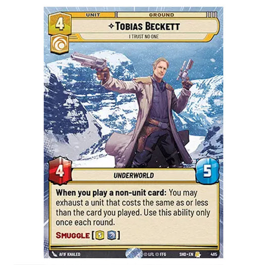 Tobias Beckett 485 card from the Star Wars Unlimited set Shadows of the Galaxy