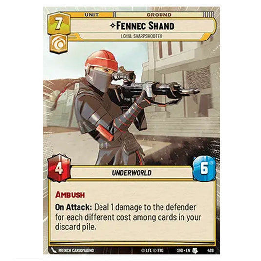 Fennec Shand 488 card from the Star Wars Unlimited set Shadows of the Galaxy