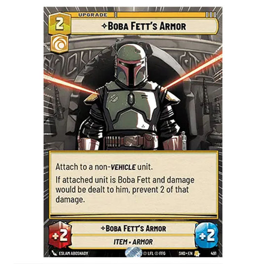 Boba Fett’s Armor 491 card from the Star Wars Unlimited set Shadows of the Galaxy