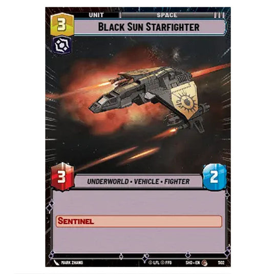 Black Sun Starfighter 502 card from the Star Wars Unlimited set Shadows of the Galaxy