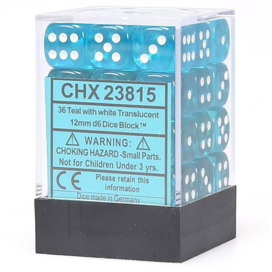 Chessex - Translucent 12mm D6 w/pips 36-Dice Blocks - Teal w/white