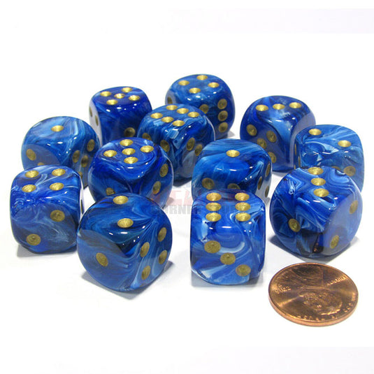 Chessex - Signature - 16mm D6 W/ Pips Blocks (12 Dice) - Vortex Blue w/gold