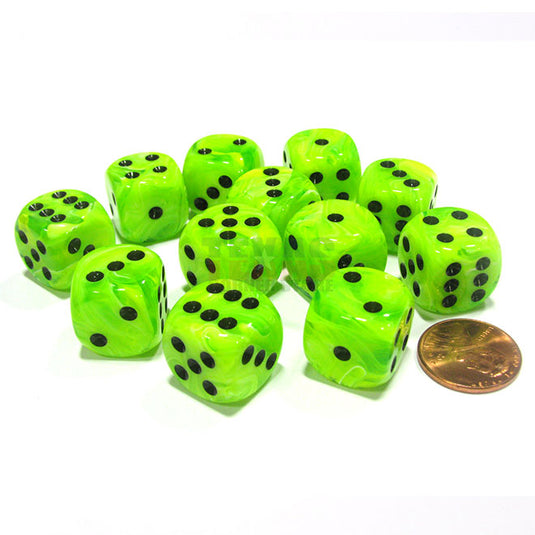 Chessex - Signature - 16mm D6 W/ Pips Blocks (12 Dice) - Vortex Bright Green w/Black