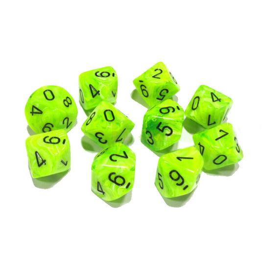 Chessex - Signature - 16mm Polyhedral D10 10-Dice Set - Vortex Bright Green w/black