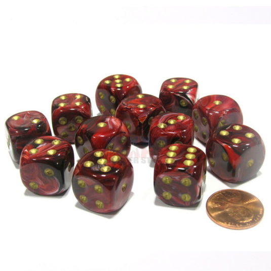 Chessex - Signature - 16mm D6 W/ Pips Blocks (12 Dice) - Vortex Burgundy w/Gold