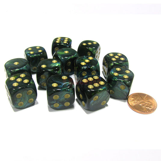 Chessex - Signature - 16mm D6 W/ Pips Blocks (12 Dice) - Vortex Green w/Gold