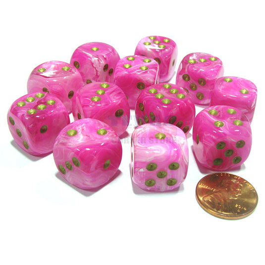 Chessex - Signature - 16mm D6 W/ Pips Blocks (12 Dice) - Vortex Pink w/Gold