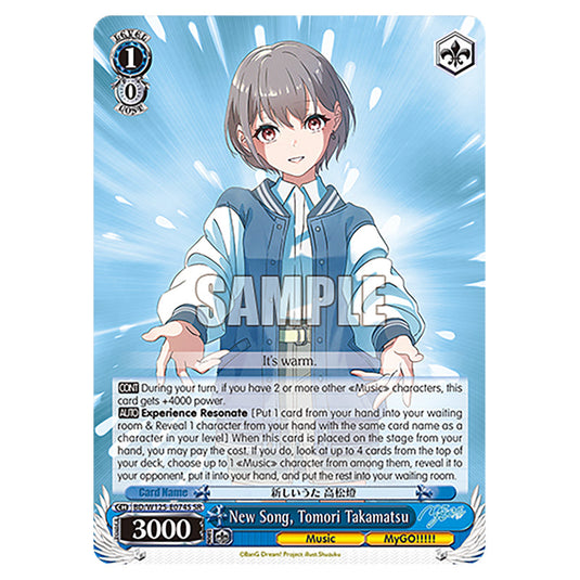 New Song, Tomori Takamatsu BD/W125-E074S card from the Weiss Schwarz set MyGO!!!!! × Ave Mujica