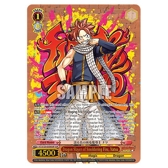 Dragon Slayer of Smoldering Fire, Natsu FT/S120-E058SSP card from the Weiss Schwarz set Fairy Tail 100 Years Quest